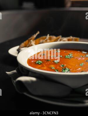 Heiße und aromatische Tomatensuppe garniert mit frischen Kräutern, serviert mit knusprigem Brot für eine angenehme Mahlzeit Stockfoto