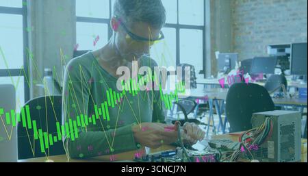 Techniker, der eine Schutzbrille trägt, Kabel auf der Hauptplatine an der Werkbank in der Werkstatt mit Werkzeugen verkabelt Stockfoto