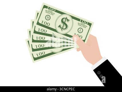 Hand hält Dollarwechsel oder Bargeld. Wachstum von Geld, Sparen und Investitionen. Vektorabbildung. Stock Vektor