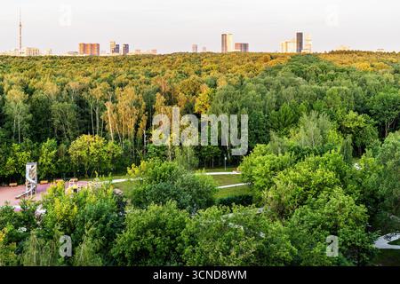 Blick über dem grünen Stadtpark, beleuchtet von untergehender Sonne am sonnigen Sommerabend Stockfoto