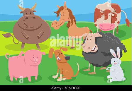 Cartoon-Illustration der fröhlichen Gruppe von Bauerntieren auf der Wiese Stock Vektor