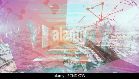 Farbenfrohe Netzwerküberlagerung über die Fenster des Flurs im Büro mit verschneiten Dächern und Formen Stockfoto