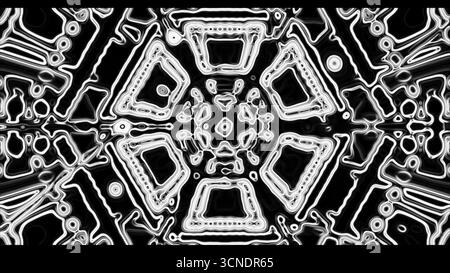 Dieses Kunstwerk präsentiert ein auffälliges geometrisches Muster in Schwarz-weiß und verfügt über komplexe Formen und Linien, die sich schneiden und ein faszinierendes Vis erzeugen Stockfoto