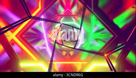 Ein lebendiger Tunnel mit pulsierenden Neonlichtern in verschiedenen Farben spiralisiert sich in die Ferne. Die Konstruktion verfügt über geometrische Formen, die eine faszinierende Ansicht darstellen Stockfoto
