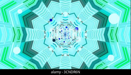 Lebendige geometrische Formen erzeugen ein kompliziertes, spiralförmiges Design mit hellen Farben und Kreisen. Das Kunstwerk zieht die Zuschauer in sein fesselndes VIS Stockfoto