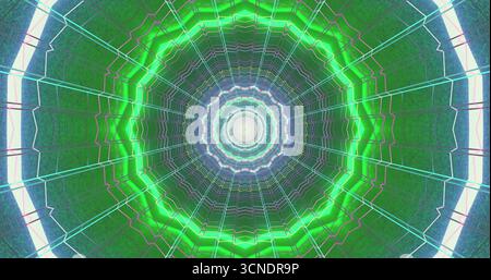Der leuchtende Spiraltunnel mit leuchtenden Neonmustern in Grün und Blau sorgt für einen faszinierenden visuellen Effekt. Die einzelnen Linien konvergieren in Richtung Stockfoto
