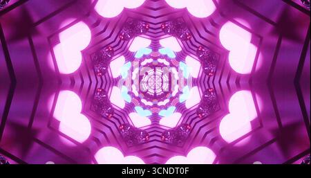 Ein lebendiges Kaleidoskop-Design mit Herzformen und farbenfrohen Lichtern. Das wirbelnde Muster sorgt für ein faszinierendes visuelles Erlebnis und fesselnden Wettkampf Stockfoto