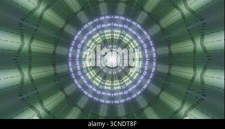 Ein fesselndes geometrisches Design verfügt über konzentrische Kreise mit komplizierten Lichteffekten. Die lebendigen Farben und Formen erzeugen eine Illusion von Tiefe Stockfoto