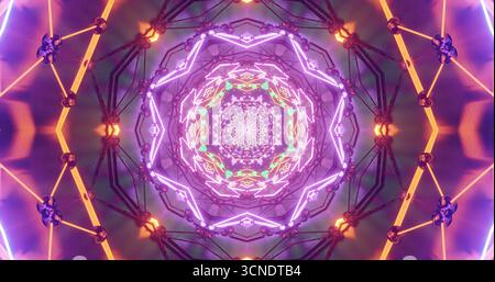 Helle Lichter und geometrische Formen erzeugen einen wirbelnden Kaleidoskop-Effekt. Die lebendigen Farben und die komplizierten Muster verschmelzen zu einem Mesmeriz Stockfoto