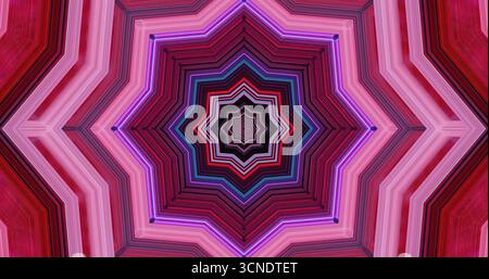 Das helle und komplizierte Sternenmuster zeigt leuchtende Rot-, Rosa- und Violetttöne. Das Design erzeugt einen faszinierenden Kaleidoskopeffekt, der den zeichnet Stockfoto