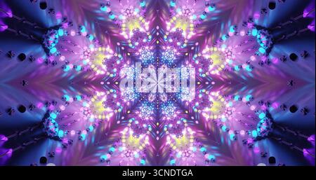 Helle Lila-, Blau- und Gelblichter bilden zusammen ein faszinierendes Muster. Dieser kaleidoskopische Effekt besticht durch seine Symmetrie und VI Stockfoto