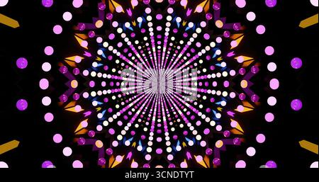 Dieses lebendige Design zeigt eine symmetrische Explosion von Formen und Farben. Die kreisförmige Anordnung enthält Punkte und Winkelelemente, die gegen einen gesetzt sind Stockfoto