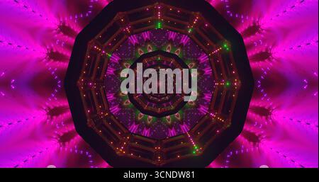 Eine lebendige Auswahl an farbenfrohen Lichtern erzeugt ein faszinierendes geometrisches Muster, das die dunkle Umgebung beleuchtet. Das Display besticht durch seine Komplexität Stockfoto