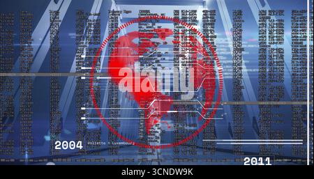 Anzeige eines roten Globus, der den Datenkorridor mit Zeitleistenbeschriftungen und sechseckigen Anschlüssen überlagert Stockfoto