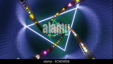 Lebendige Farben wirbeln in einer geometrischen Spirale und erzeugen einen faszinierenden visuellen Effekt. Das Design zeichnet sich durch helle Lichter und dynamische Formen aus, die sich gegen einen da-Effekt richten Stockfoto