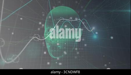 Anzeige des grünen Drahtmodellkopfs im Rasterbereich mit Netzwerkknoten, quadratischen Datensymbolen und Liniendiagrammen Stockfoto