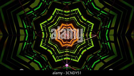 Helle und komplizierte geometrische Muster wirbeln in Grün- und Orangentönen und bilden einen faszinierenden kaleidoskopischen Effekt. Die visuelle Anzeige besticht Stockfoto