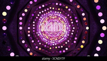 Bunte Lichtkreise drehen sich in einer faszinierenden Spirale. Das Design besticht durch leuchtende Lila-Töne und leuchtende Punkte, die ein fesselndes Vis schaffen Stockfoto
