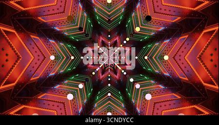 Das lebendige Sternendesign mit hellen Lichtern in Rot, Grün und Blau sorgt für ein auffälliges Bild. Das komplizierte Muster zeigt Schichten und de Stockfoto