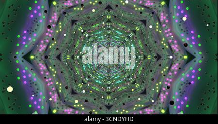 Ein lebendiges Kaleidoskop-Muster zeigt eine Vielzahl von bunten Lichtern und Formen, die in komplizierten Designs verwoben sind. Dieses digitale Kunstwerk besticht mit ihm Stockfoto