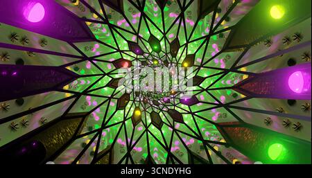 Ein faszinierendes Spiralmuster leuchtet in Grün-, Lila- und Gelbtönen. Das Design zeichnet sich durch komplexe geometrische Formen aus, die den Blick auf die ce lenken Stockfoto