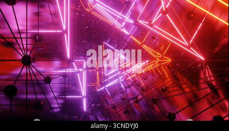 Helle Neonlichter in Rosa, Orange und Lila erzeugen einen abstrakten Tunneleffekt. Die geometrischen Formen und Linien verstärken die lebendige Atmosphäre Stockfoto