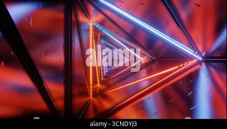 Ein faszinierender Tunnel leuchtet mit farbenfrohen Neonlichtern in Blau, Orange und Rot. Die symmetrischen Dreiecksmuster erzeugen ein Gefühl von Tiefe und Bewegung Stockfoto