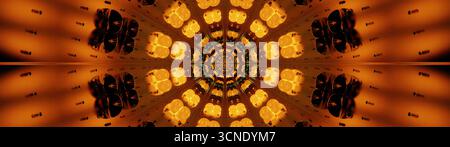 Diese lebendige Szene verfügt über ein symmetrisches Design mit wirbelnden Mustern in Orange- und Gelbtönen, die einen faszinierenden Kaleidoskop-Effekt erzeugen. Th Stockfoto