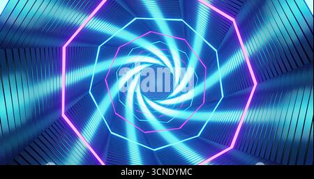 Ein faszinierender Tunnel bietet wirbelnde Muster aus blauen und rosa Lichtern. Die farbenfrohe Beleuchtung schafft ein dynamisches und ansprechendes visuelles Erlebnis, i Stockfoto