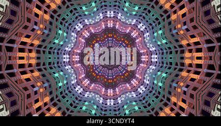 Dieses Bildmaterial zeigt ein komplexes geometrisches Muster mit leuchtenden Farben. Das Design bietet wirbelnde Formen und markante Kontraste, die einen Eindruck von sich geben Stockfoto