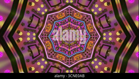 Ein lebendiges Kaleidoskop-Design mit einer Vielzahl von geometrischen Formen und Mustern. Die hellen Farben sorgen für einen ansprechenden visuellen Effekt, der das Auge anzieht Stockfoto