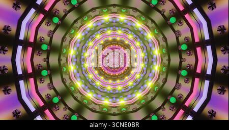 Ein lebendiges Kaleidoskop-Muster mit wirbelnden Farben und Lichtern sorgt für ein zauberhaftes visuelles Erlebnis. Das Design ist in hellen Grün-, Lila- und Farbtönen gehalten Stockfoto