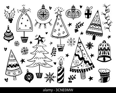 Großes Weihnachtskritzelset mit Bäumen, Ornamenten, Schneeflocken und Weihnachtsdekorationen. Konturvektorelemente Stock Vektor