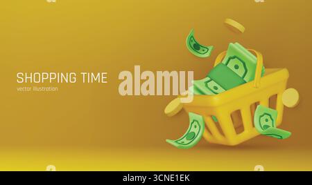 Goldmünzen mit Grünpapier-Dollar, Kassiererschecks. Realistisches 3D-Design im Cartoon-Stil. Finanzielle Investitionen der Unternehmen. Kreatives Konzept. Handel Stock Vektor