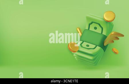 Goldmünzen mit Grünpapier-Dollar, Kassiererschecks. Realistisches 3D-Design im Cartoon-Stil. Finanzielle Investitionen der Unternehmen. Kreatives Konzept. Handel Stock Vektor