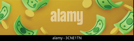 Goldmünzen mit Grünpapier-Dollar, Kassiererschecks. Realistisches 3D-Design im Cartoon-Stil. Finanzielle Investitionen der Unternehmen. Kreatives Konzept. Handel Stock Vektor