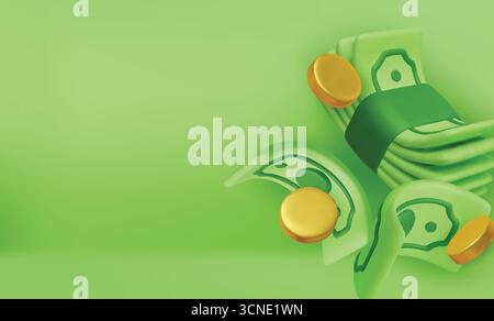 Goldmünzen mit Grünpapier-Dollar, Kassiererschecks. Realistisches 3D-Design im Cartoon-Stil. Finanzielle Investitionen der Unternehmen. Kreatives Konzept. Handel Stock Vektor