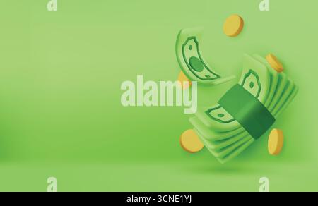 Goldmünzen mit Grünpapier-Dollar, Kassiererschecks. Realistisches 3D-Design im Cartoon-Stil. Finanzielle Investitionen der Unternehmen. Kreatives Konzept. Handel Stock Vektor