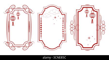 Chinesischer Neujahrsrahmen setzt traditionelle Elemente. Asiatische Dekorationen Chinesisch Japanisch und Koreanisch. Vorlage Design Grußkarte Banner Flyer und Social Media Geschichten. Vektorabbildung. Stock Vektor