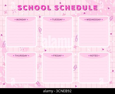Vektor-Schulplan-Vorlage in rosa Tönen. Fahrplan für Schüler, süßes Doodle-Cartoon-Design, Kawaii Back-to-School-Wochenplaner Stock Vektor