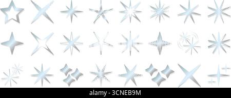 Futuristisches y2k-Set mit silbernen Sternen und funkelnden Ikonen, unterschiedliche Anzahl von Strahlen. Vector monochrome Metall Funken Schildsammlung. Retro-Ästhetik glänzend c Stock Vektor
