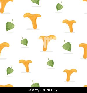 Nahtloses Muster mit Pfifferlingen und grünen Espenblättern Stock Vektor