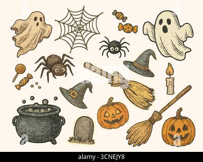 Vintage handgezeichneter Halloween-Vektor, Tusche strukturierte Retro-Skizze mit süßer gruseliger Stimmung, verspieltes Herbstferien-Design Set 2 Stockfoto