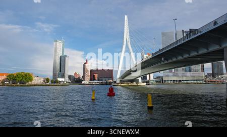 ROTTERDAM, NIEDERLANDE - 13. SEPTEMBER 2025 - Erasmusbrug-Brücke über dem Nieuwe Maas mit der Skyline von Rotterdam Stockfoto