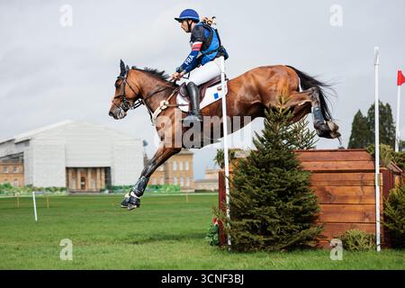 Woodstock, Oxon, Großbritannien. September 2025. Sebastien Cavaillon aus Frankreich reitet Elipso de La Vigne während des Cross Country bei der Agria FEI Eventing Europameisterschaft im Blenheim Palace am 20. September 2025, Woodstock, Vereinigtes Königreich (Foto: Maxime David - MXIMD Pictures) Credit: MXIMD Pictures/Alamy Live News Stockfoto