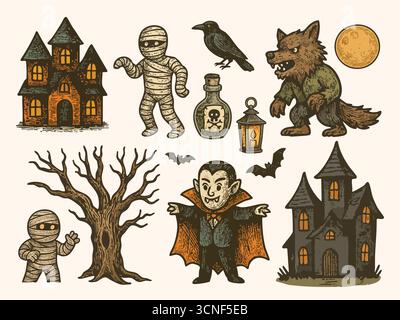 Vintage handgezeichneter Halloween-Vektor, Tusche strukturierte Retro-Skizze mit süßer gruseliger Stimmung, verspieltes Herbstferien-Design Set 4 Stock Vektor