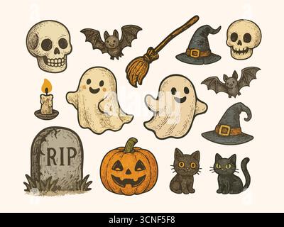 Vintage handgezeichneter Halloween-Vektor, Tusche strukturierte Retro-Skizze mit süßer gruseliger Stimmung, verspieltes Herbstferien-Design Set 1 Stock Vektor