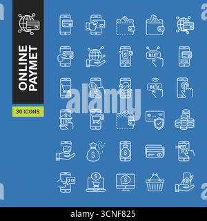 Online-Zahlungs-Set mit Web-Symbolen im Zeilenstil. Erfassung von Symbolen für lineare Zahlungen. Mit bargeldloser Geldbörse, E-Geldbörse, Geldtransfer, Banking, Stock Vektor