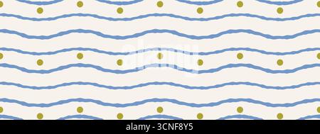 Niedliches, nahtloses Babywellenmuster. Handgezeichnete wellenförmige Streifen mit grünen Punkten für Dekor, Textilien, Tapeten, Stoff und Geschenkverpackung Stock Vektor