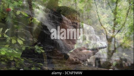 Die Frau, die ins Telefon spricht, wird mit einem Wasserfall gemischt, der über moosige Felsen in Waldbeeren fließt Stockfoto